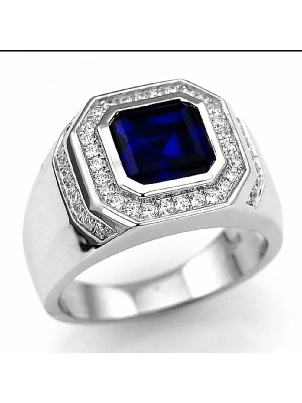 Stainless Steel Blue Gemstone Crystal Ring Men's